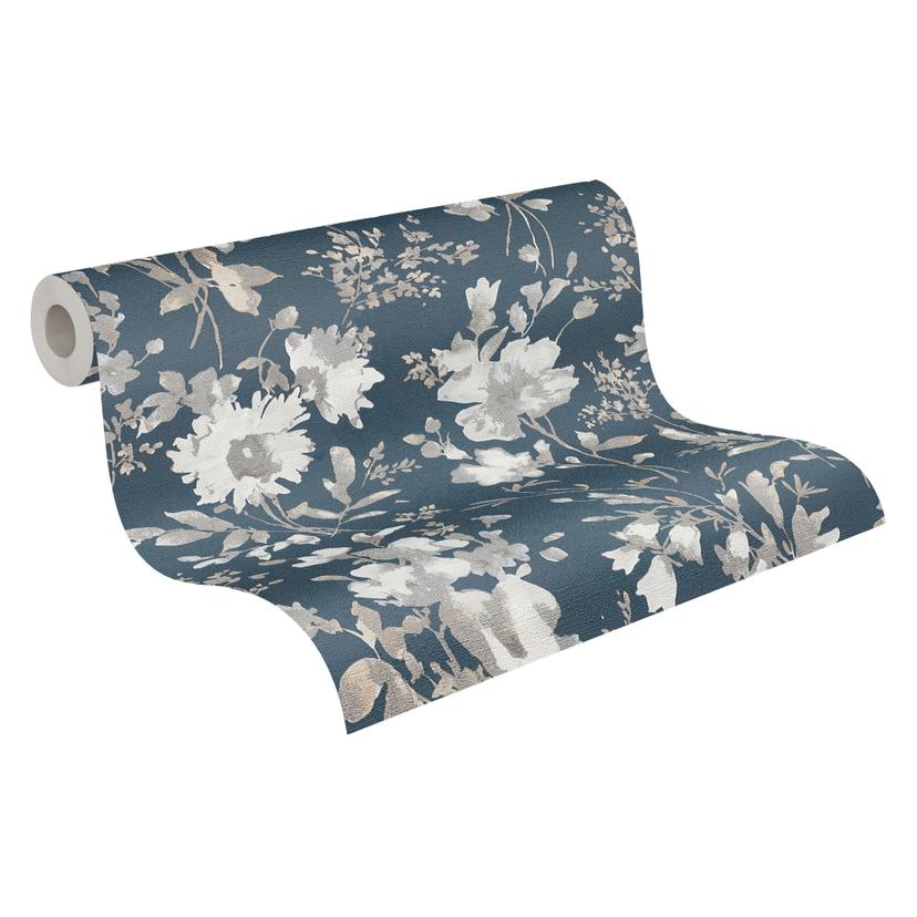 COSMOPOLITAN Carta da parati in tessuto non tessuto floreale acquerello blu-grigio bianco - Carta da