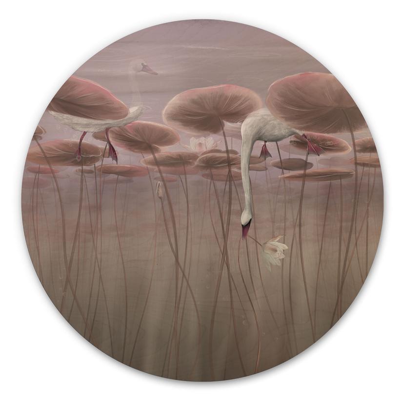 Houten Wanddecoratie lotusbloemen met zwaan in het water in donkerroze - Ms Tiff - Rond
