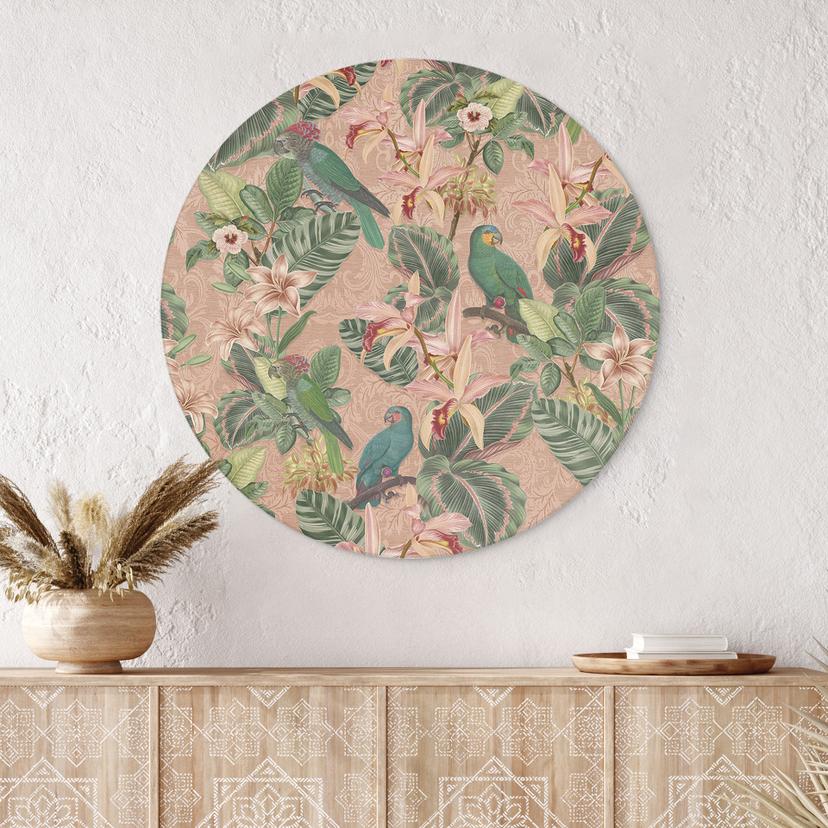 Stampe per pareti con pappagalli rosa - Decorazione floreale - Alluminio Dibond rotondo