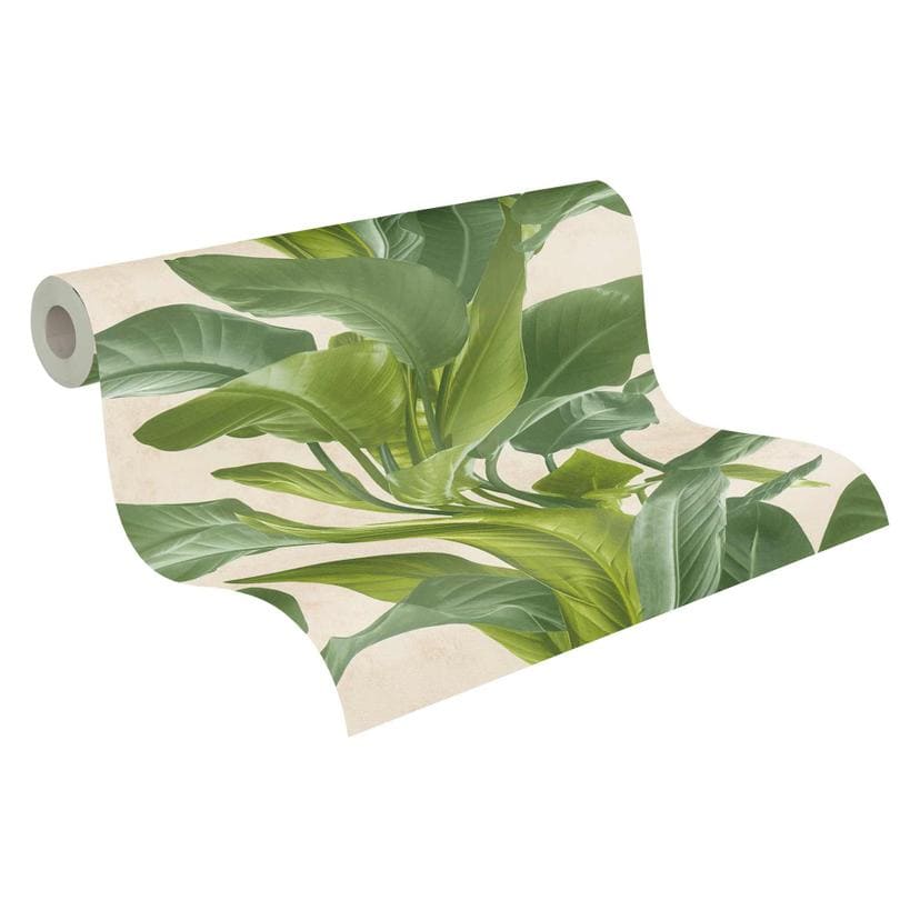 Papel pintado tejido-no tejido Livingwalls Papel pintado Metropolitan Stories palmera Antonio Barcelona crema, verde