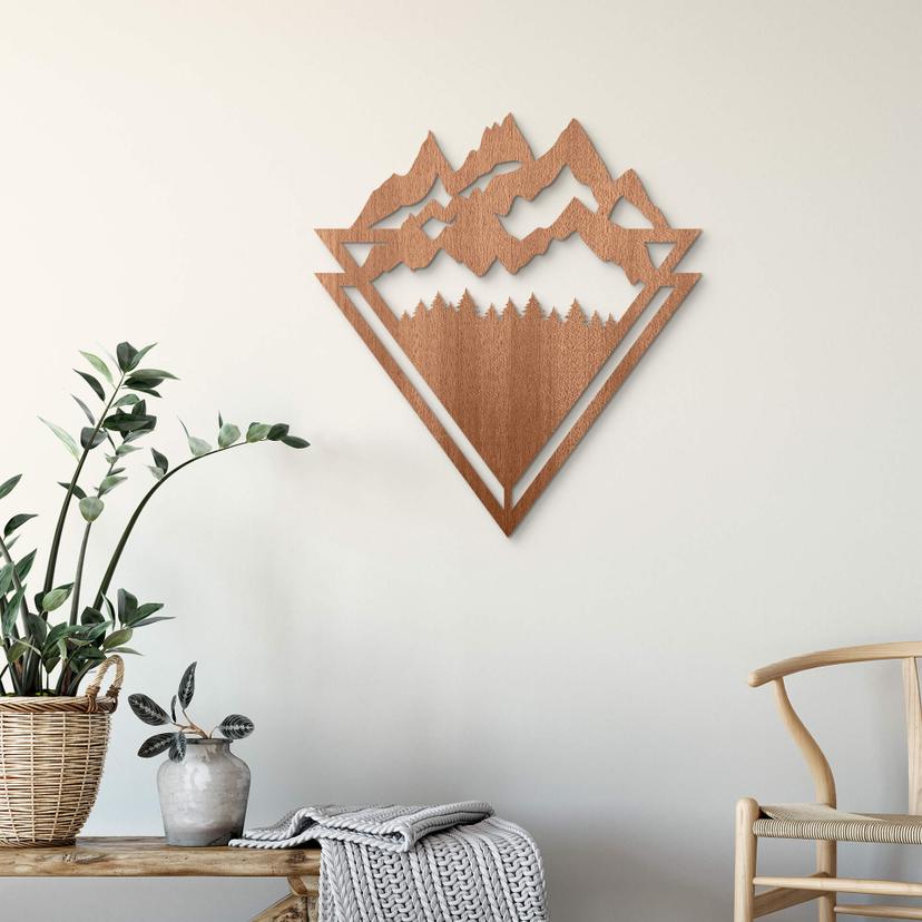 Decoración en madera caoba - Line-Art - Paisaje: Montañas con bosque