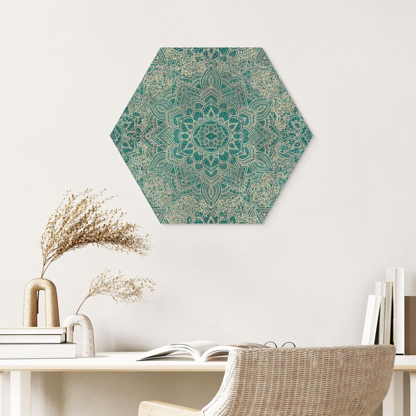 Stampe esagonali per pareti Mandala Boho oro-verde - Bloomery Decor - Alu-Dibond