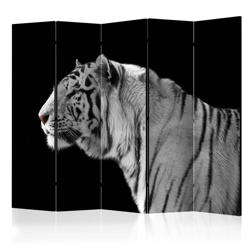 Skærm til rumdeling - Hvid tiger , 5-delt - 225x172 cm