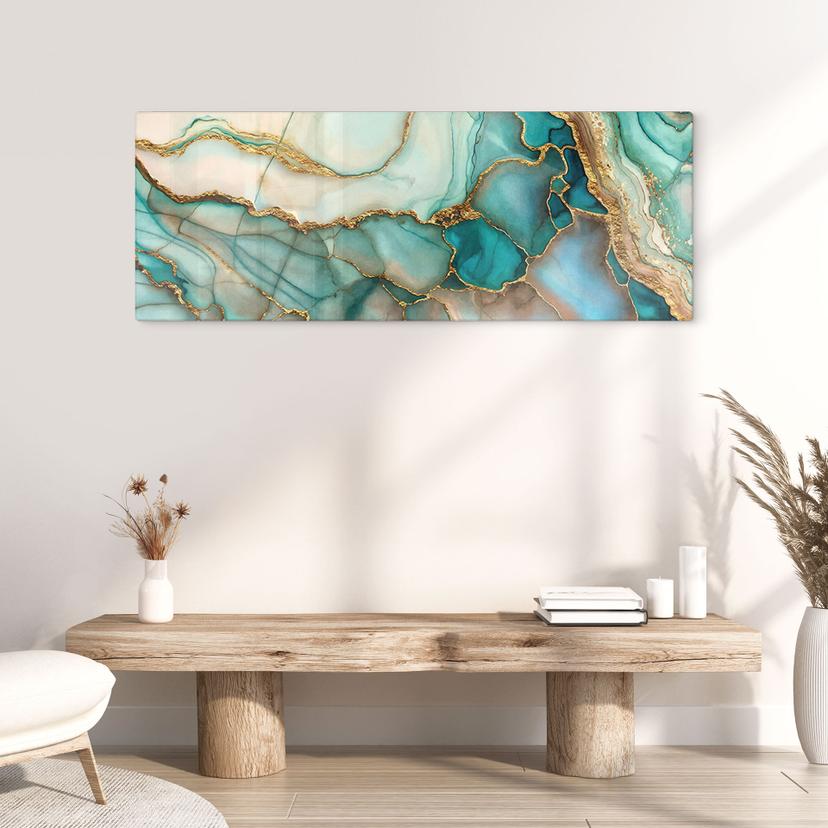 Glasbild Marmorierte Wellen in Türkis und Gold - Haase - Panorama