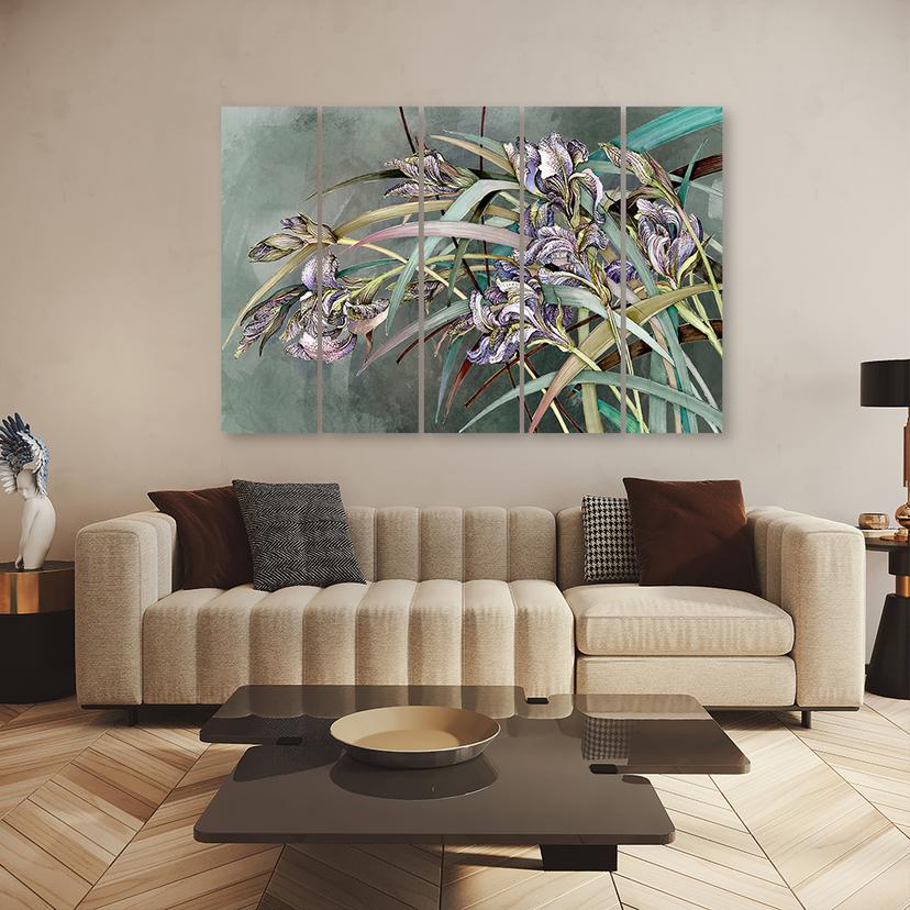 Stampa su tela 5 pezzi, fiori di iris nel vento
