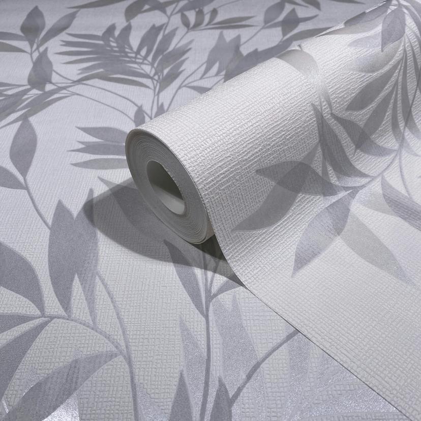 Non-woven tapet i vitt, grått bladmotiv bladlook blommig natur