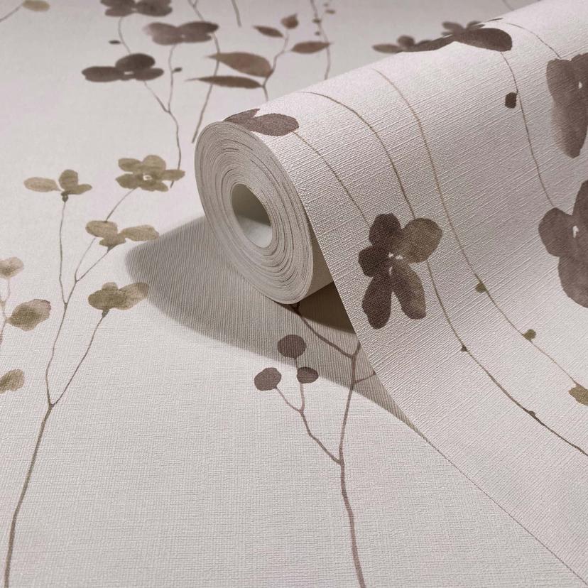 Papel pintado no tejido hojas, ramas naturaleza floral mate en beige