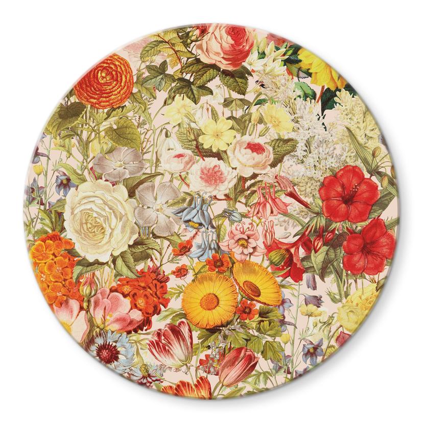 Glasbild Farbenfrohe Blumencollage - Frida Floral Studio - Rund
