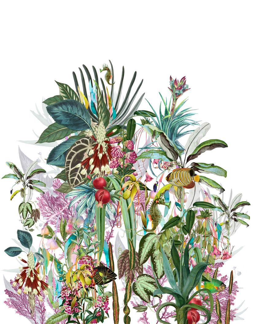 Fotomural motivo papel pintado plantas tropicales collage en acuarela look on light 2,7 x 2,12 m