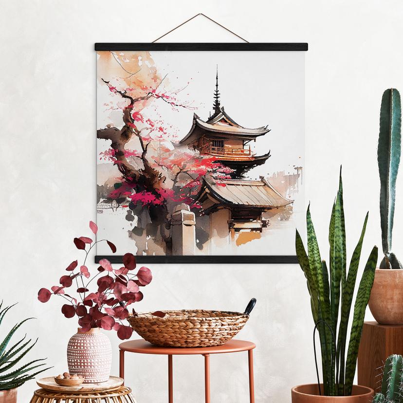 Poster tessile Pagoda giapponese con fiori di ciliegio - Jaszke