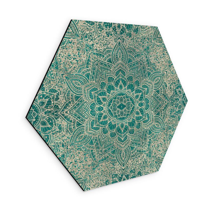Sekskantet Billede Mandala Boho guld-grøn - Bloomery Decor - Alu-Dibond