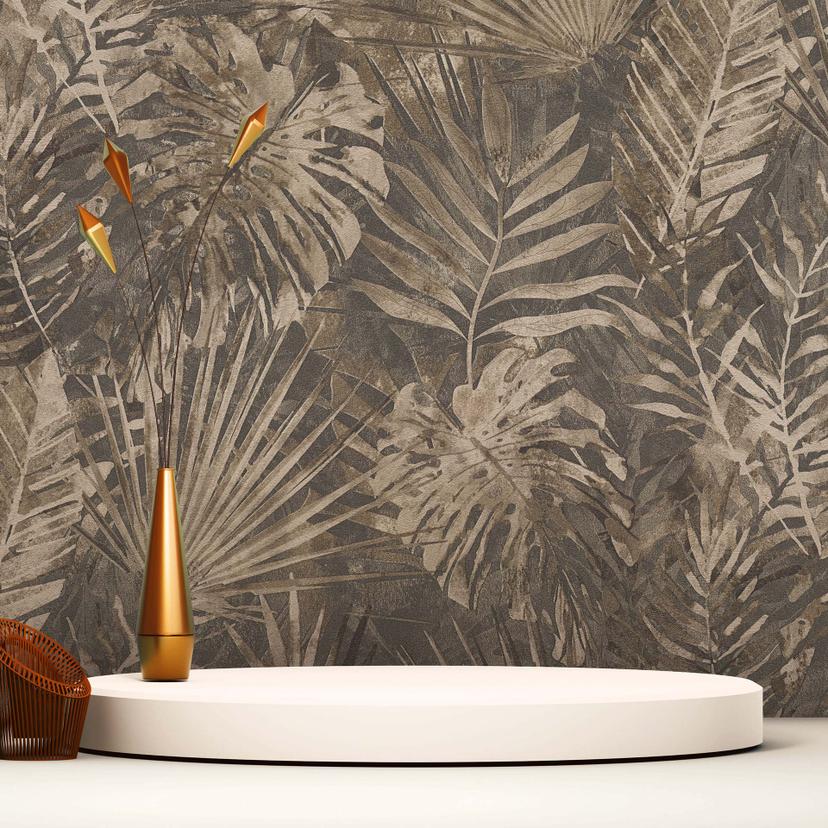 Bæredygtigt jungletapet - Palm Wallpaper af A.S. Création Mørkegrå Beige 386383