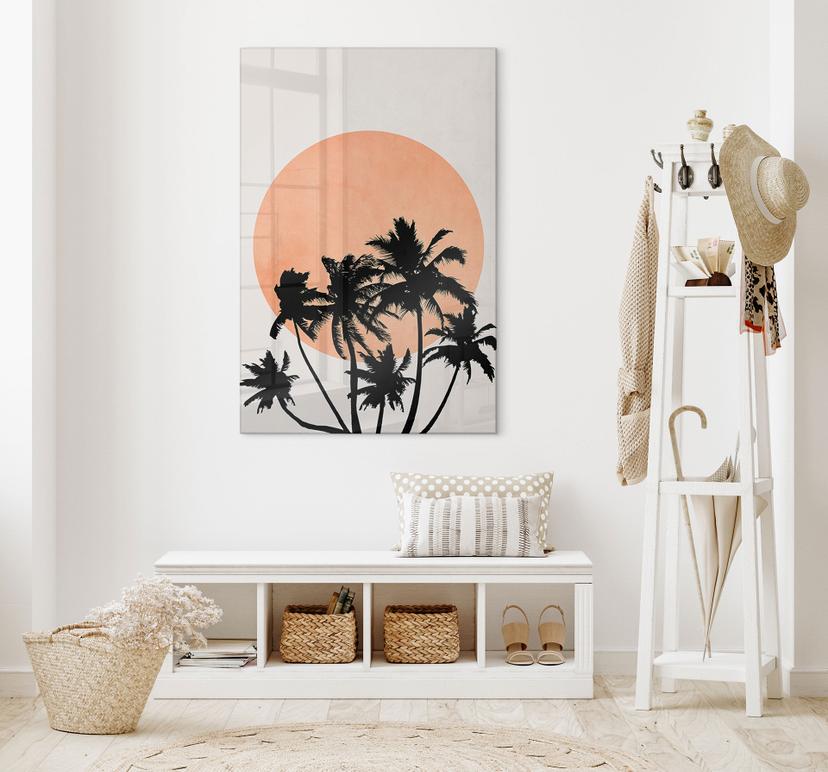 Tableau sur verre acrylique Palmiers devant le soleil orange - Kubistika