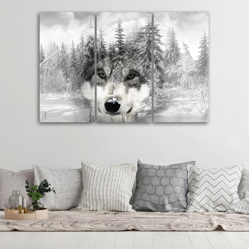Stampa su tela 3 pezzi, Wolf Forest Nature Grey