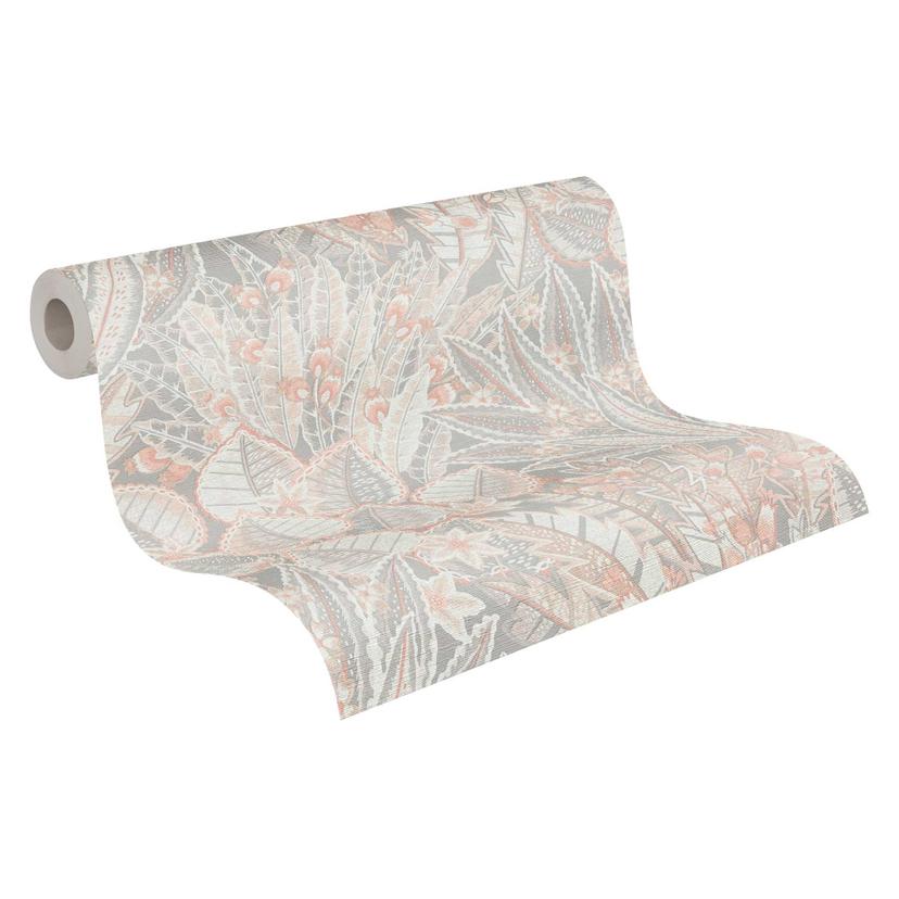 Naturinspirerad non-woven tapet i jordnära toner - Botaniskt prov i gräddbeige grå