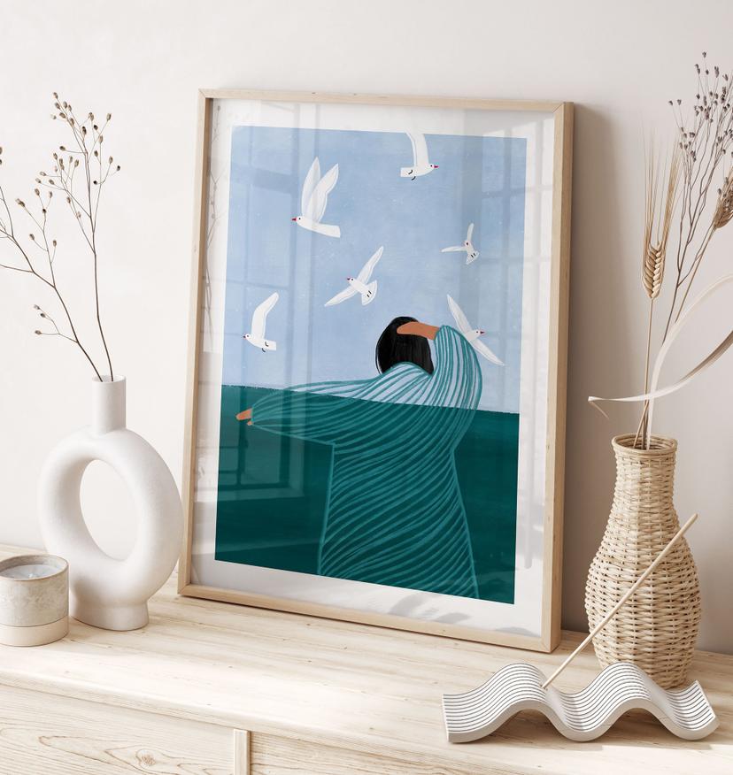 Poster kvinna med fiskmåsar vid havet - Müller