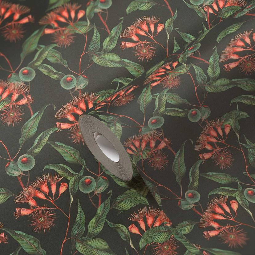 Papel pintado floral con ramas de olivo verde negro - papel pintado no tejido floral con aceitunas