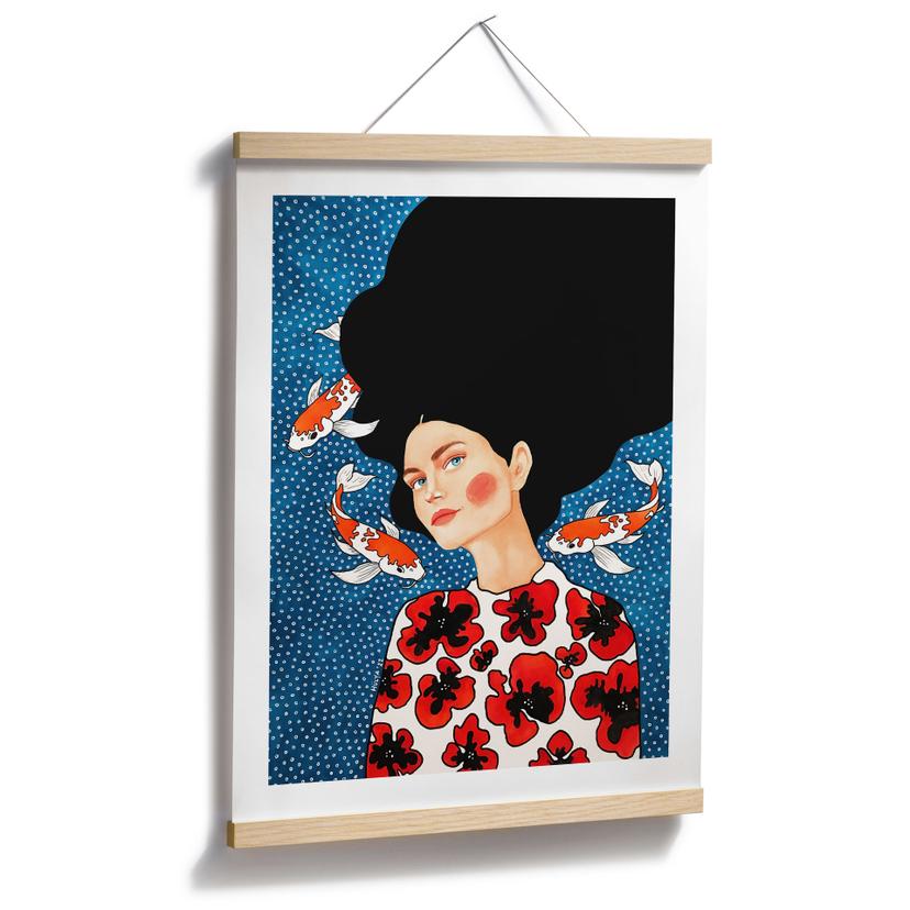 Poster kvinna i blommig klänning med koi - Hülya