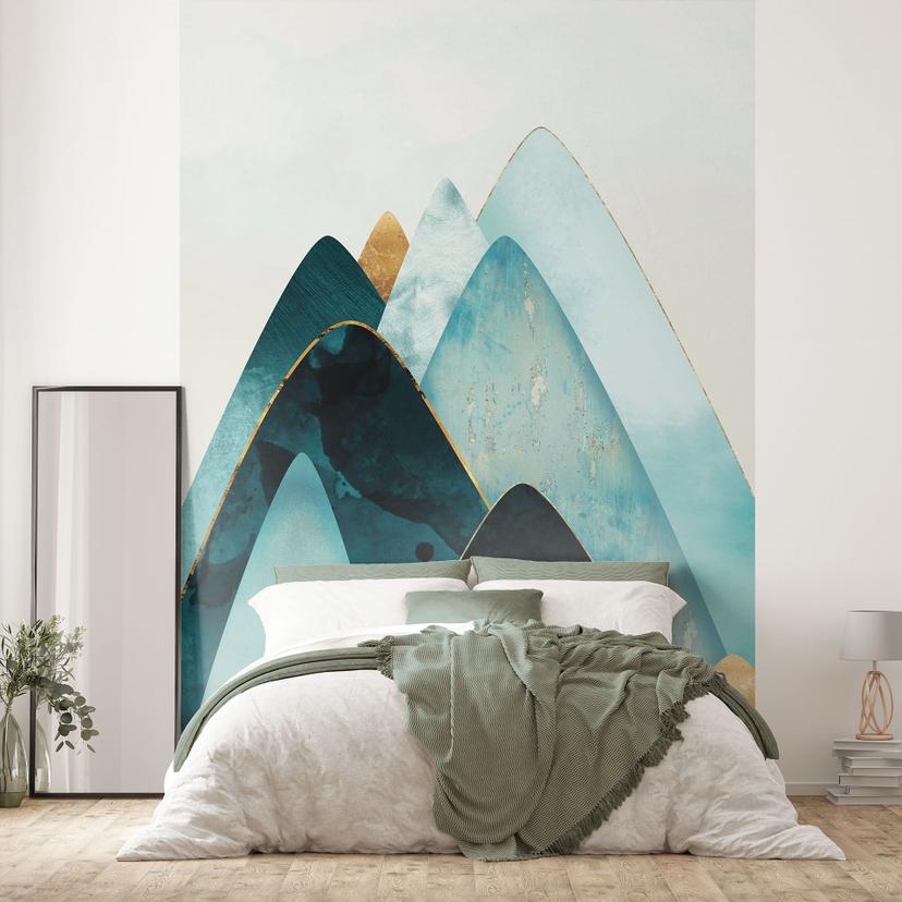 Fototapet Abstrakte bjerge i guld og blå - SpaceFrog Designs