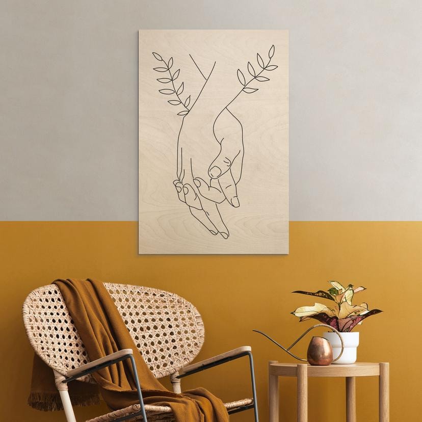 Houten Wanddecoratie Line Art - Handen vasthoudende geliefden - Lizde