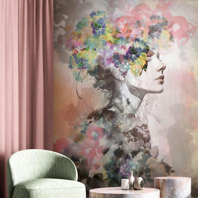 Fotomurale viso, fiori, cotta di designer in colori vivaci 2,70 x 1,98m