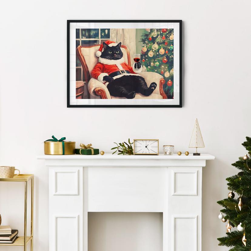 Humoristische Poster Kerstkat met wijn - Melloi Art Prints