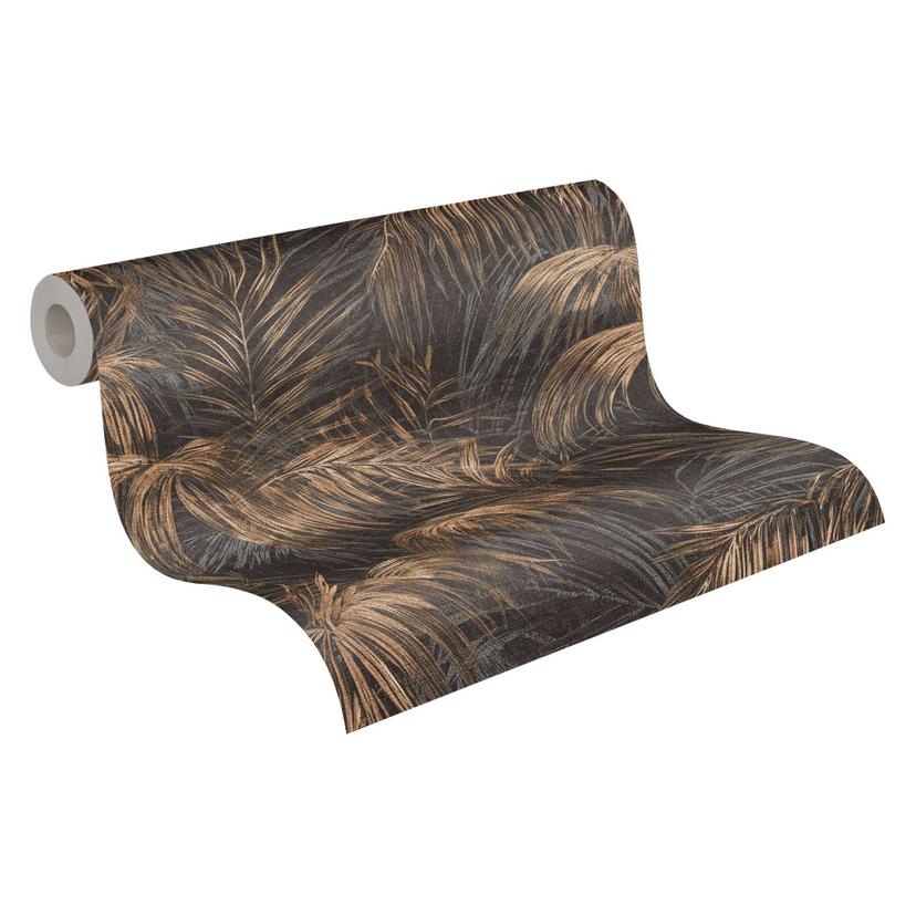 Papel pintado negro y dorado con palmeras - Papel pintado no tejido con una Muestra tropical y un br