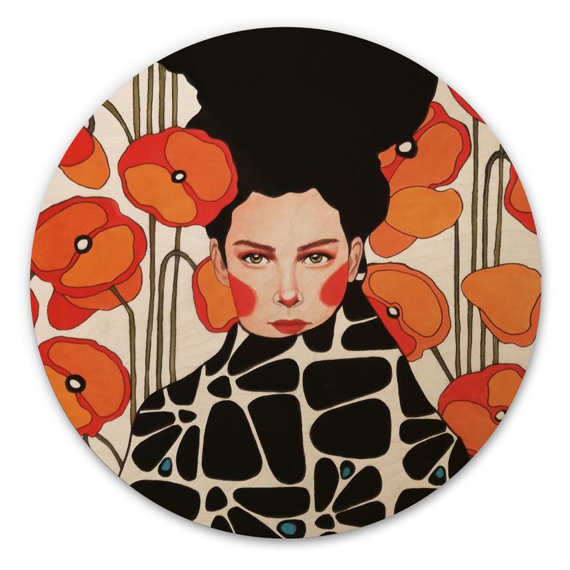 Cuadro de madera mujer con flores de amapola retro - Hülya - Redondo