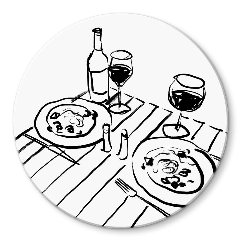 Glasbillede - Stilleben middag med vin - Treechild - Rund