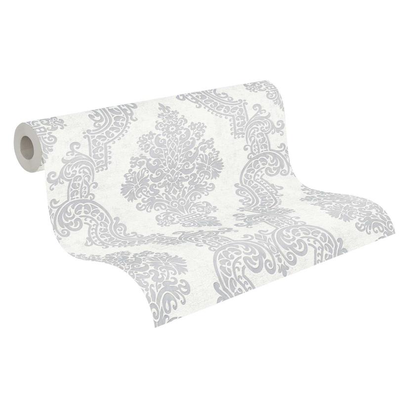 Carta da parati ornamentale barocca in bianco e grigio - Carta da parati classica in tessuto non tes
