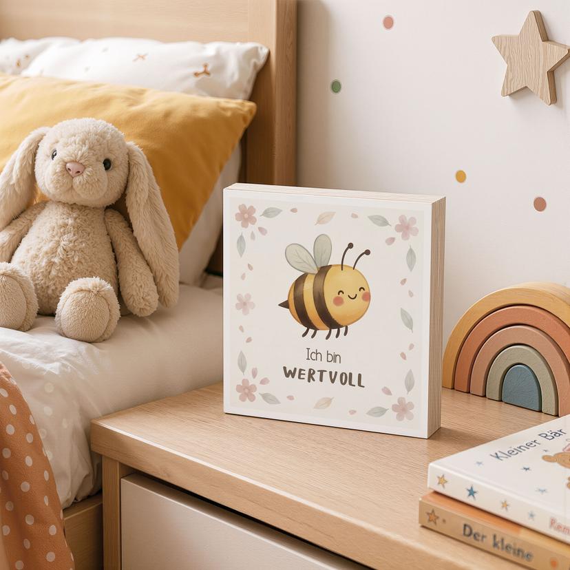 Holzbild zum Hinstellen - Biene mit Mutmachspruch 'Ich bin wertvoll'