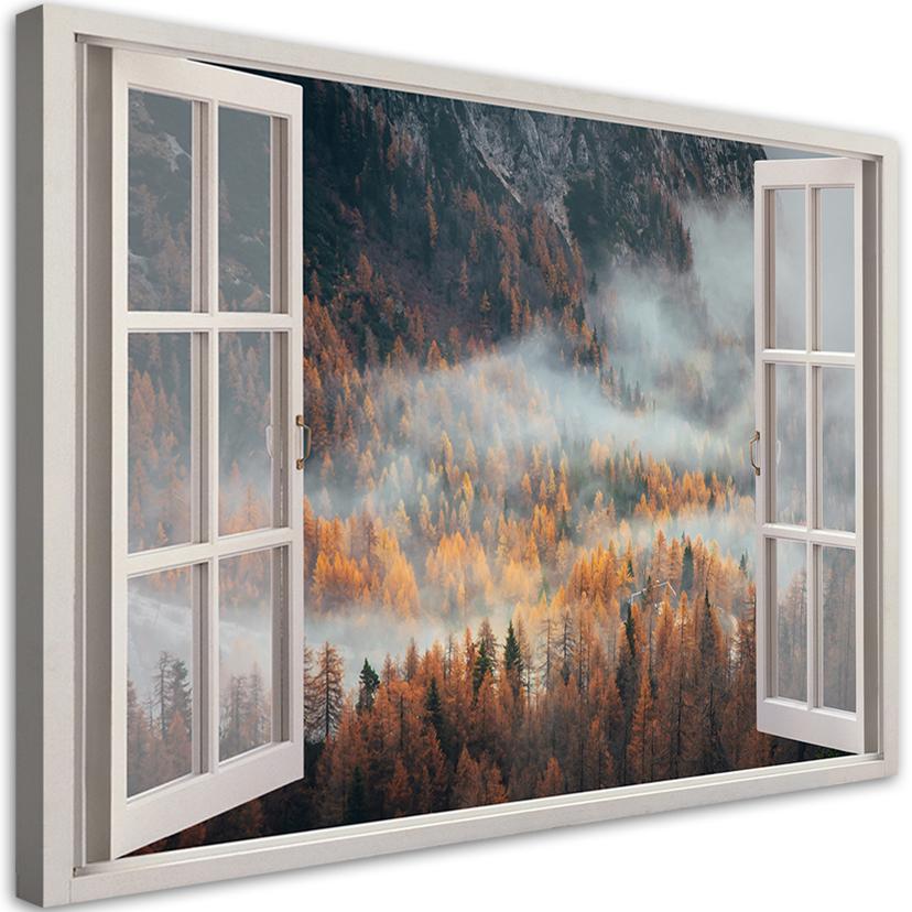 Canvasbillede, Vinduesudsigt skov i tåge Bjerge