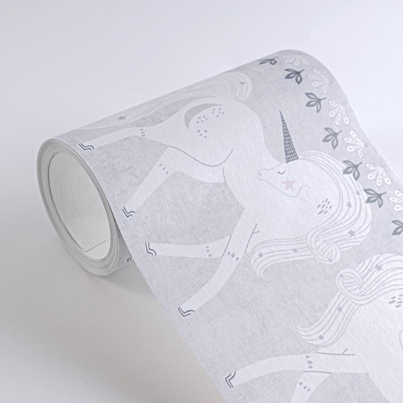 Bordo unicorno grigio bianco - Bordo per camerette - Carta da parati per bambini con creature mitich