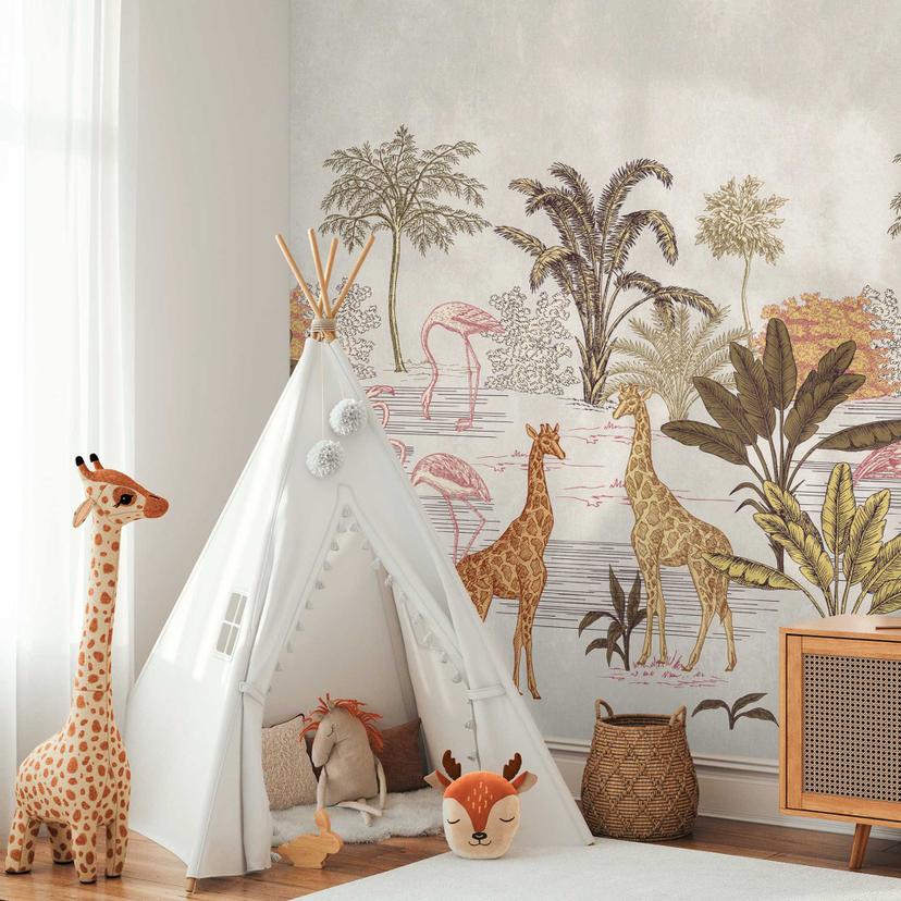 Safari tapet beige farverigt - non-woven tapet med giraffer og palmer til stue og børneværelse