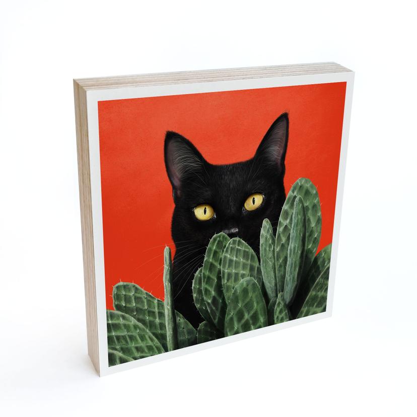 Tableau sur bois à poser Chat noir caché dans les cactus - Korenkova
