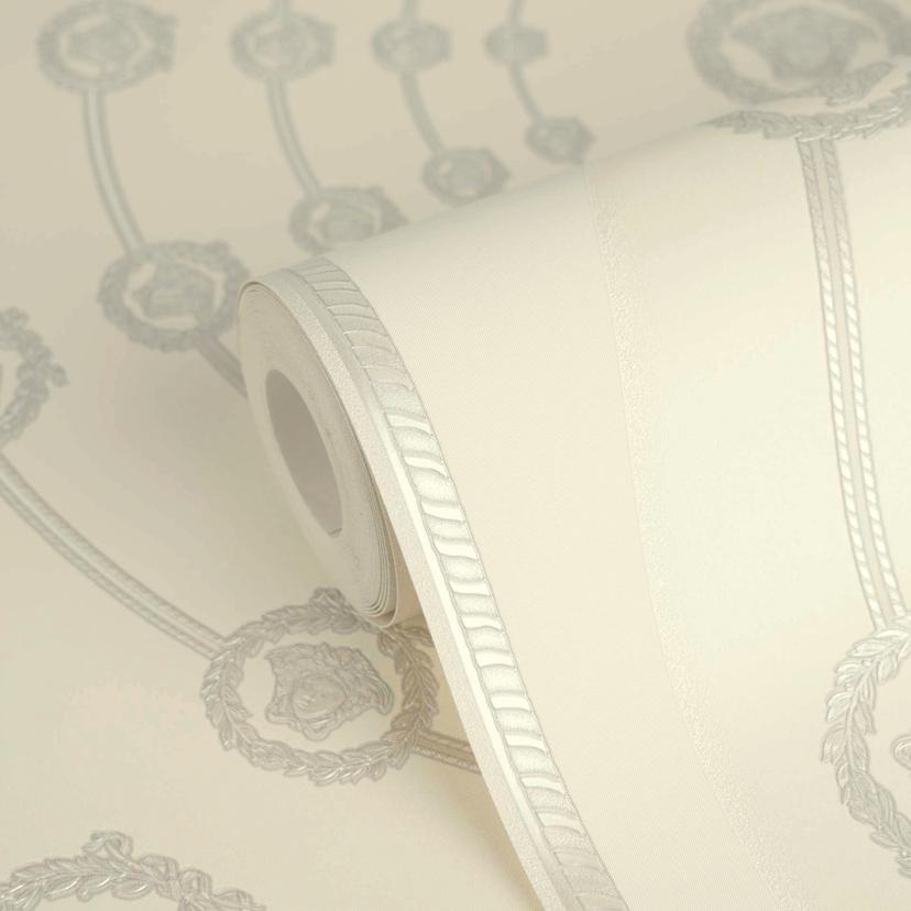 Versace Papel pintado no tejido I Love Baroque Medusa Circles Grey White de lujo