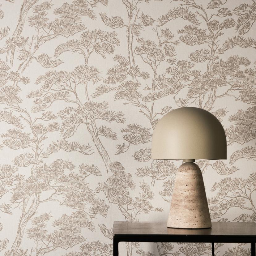 Ikke-vævet tapet Lin Zen Branches beige hvid med grene asiatisk - brune træer skovtapet grene