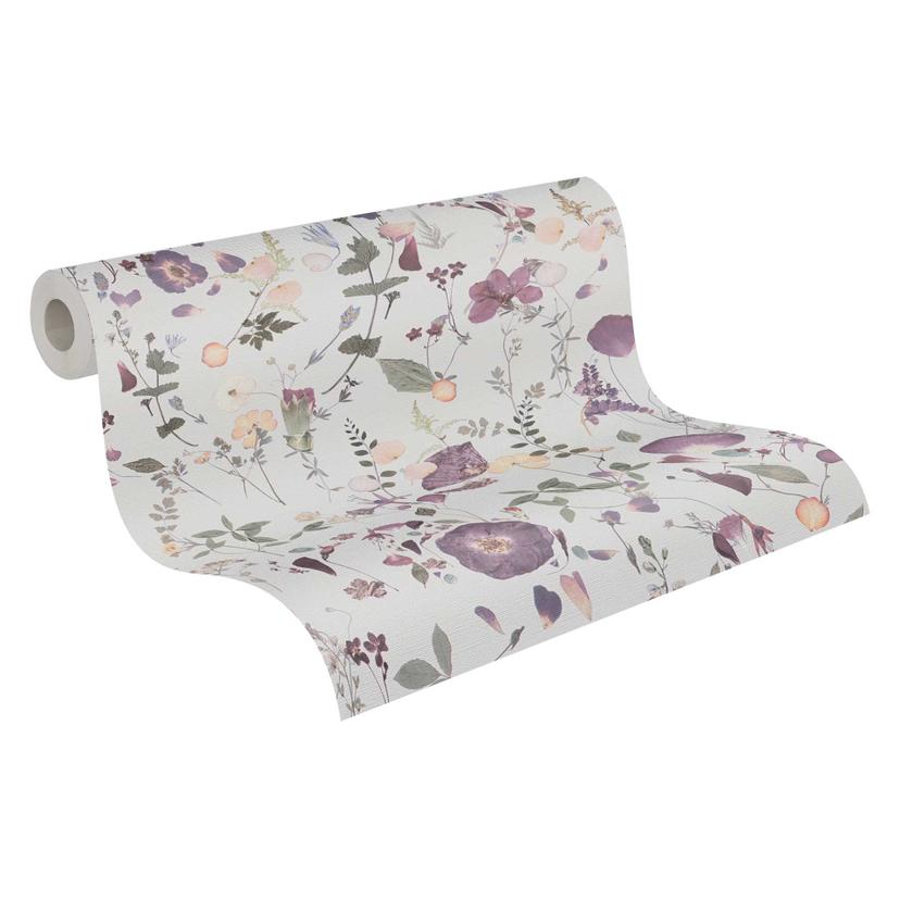 Papel pintado floral flores acuarela - Papel no tejido púrpura lila beige - Papel pintado floral rom