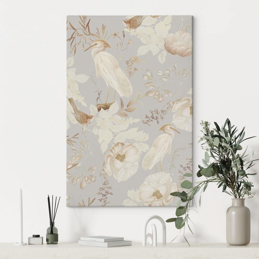 Canvastavla Fåglar bland vita blommor - UN Designs