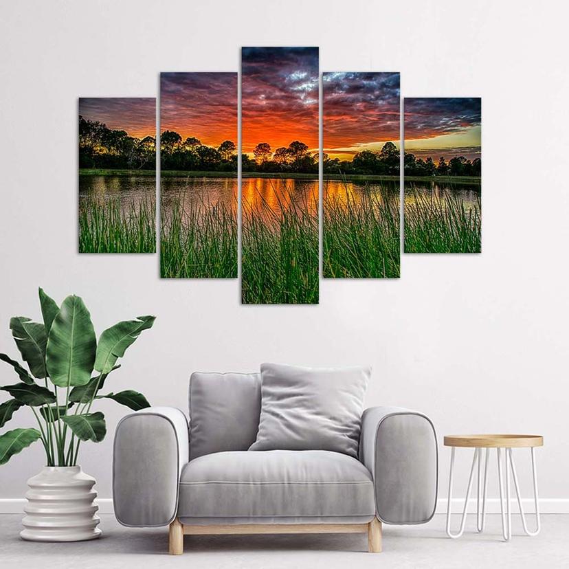 Stampa su tela 5 pezzi, Lago al tramonto