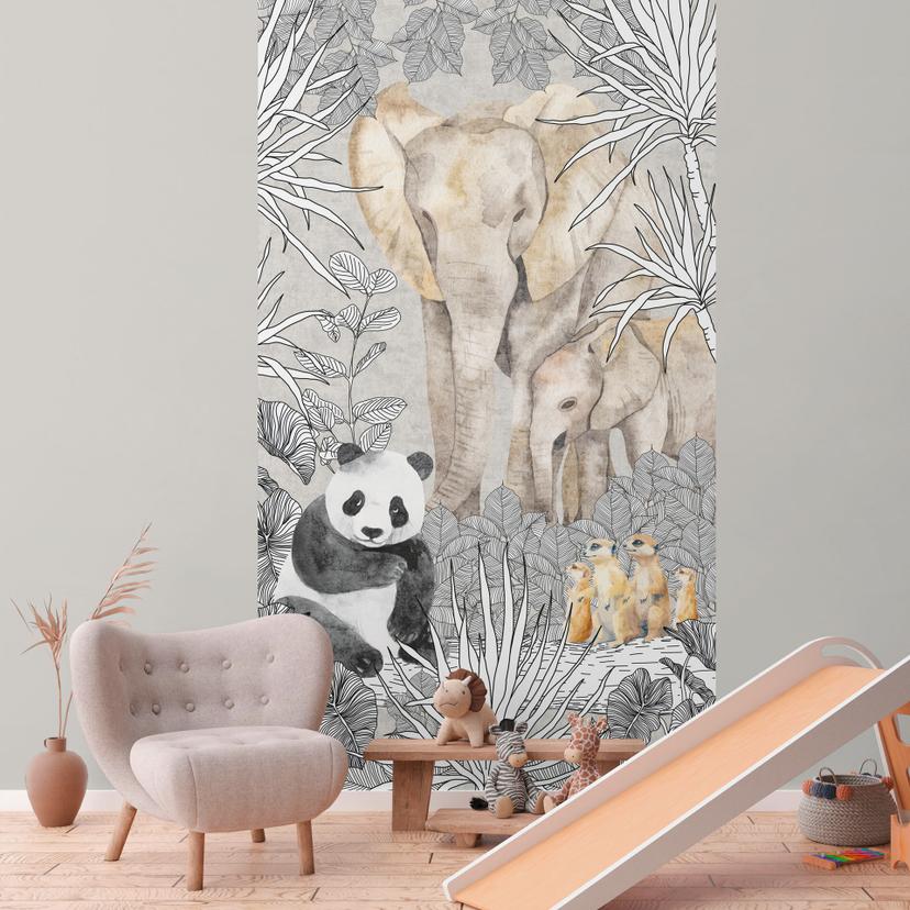 Fototapet grå farverig - jungledyr panda elefant surikat - Ikke-vævet tapet