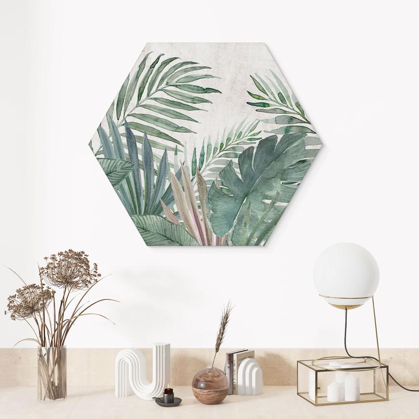 Stampe esagonali per pareti Foglie di giungla verde acquerello - Decorazione floreale - Alu-Dibond