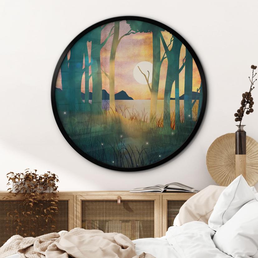 Póster Bosque mágico al atardecer - SpaceFrog Designs - Redondo