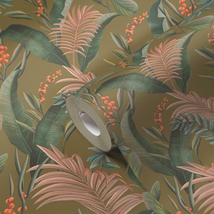 Papel pintado estampado con hojas y hierbas verde caqui - papel pintado tejido-no tejido jungla