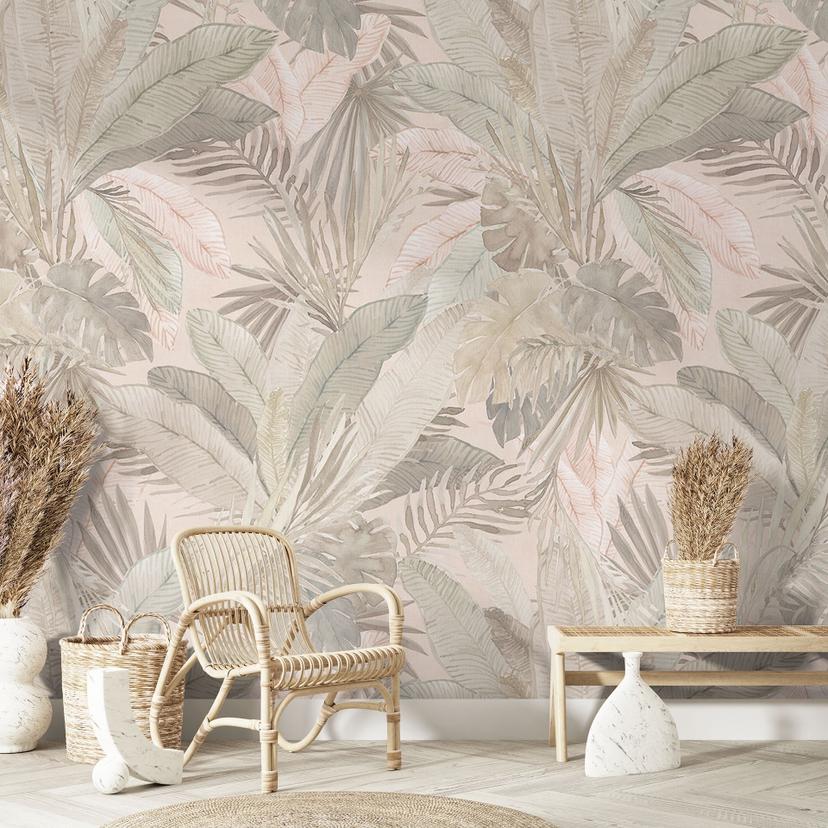 Tropiske blade i junglens pasteltapet - Bloomery Decor