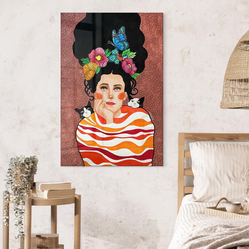 Acrylglas afbeelding Vrouw met bloemenkroon en katten - Hülya
