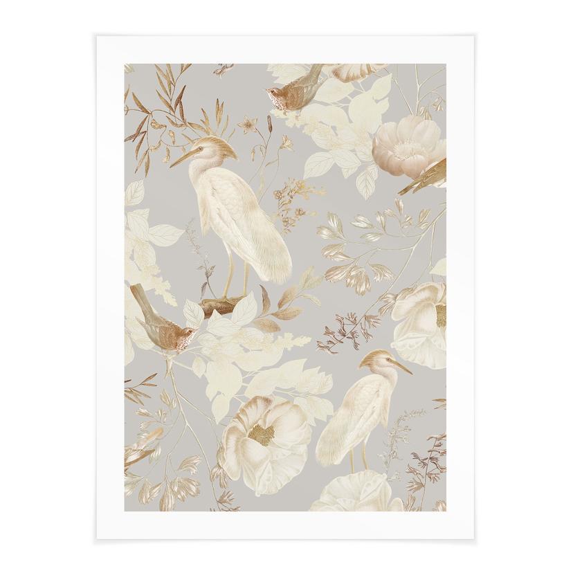 Póster pájaros entre flores blancas - Diseños ONU