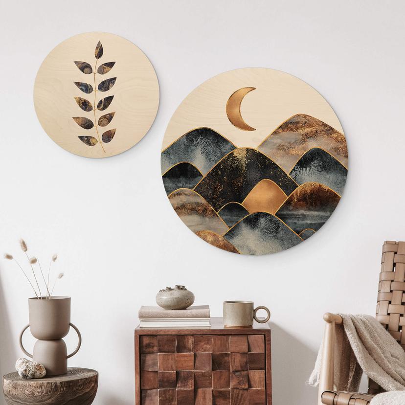 Tableau sur bois rond Fredriksson - Montagnes au clair de lune doré