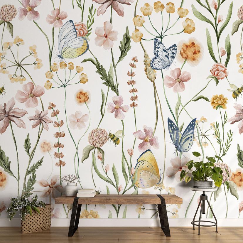 Fototapet Forårseng med sommerfugle - UN Designs