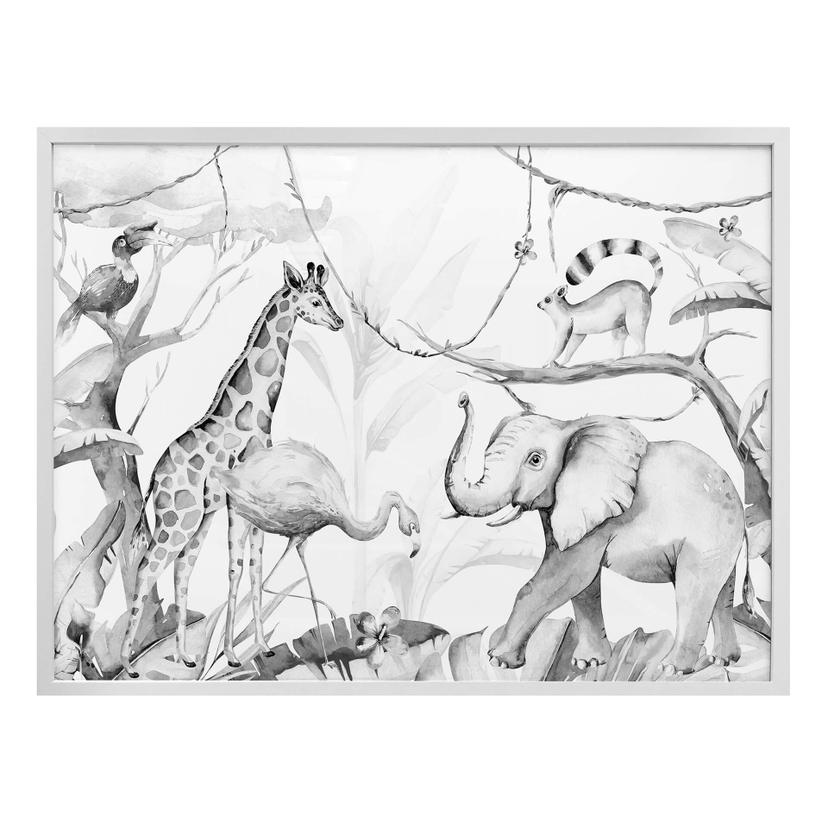 Póster Kvilis - Amigos animales en la selva - blanco y negro